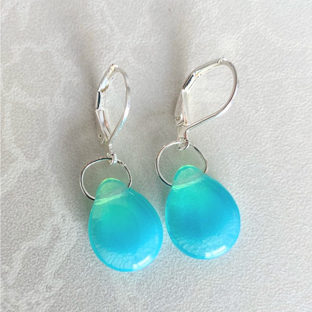 Hand Crafted Aqua Blue Czech Glass Teardrop Dangle Stainless steel Earrings